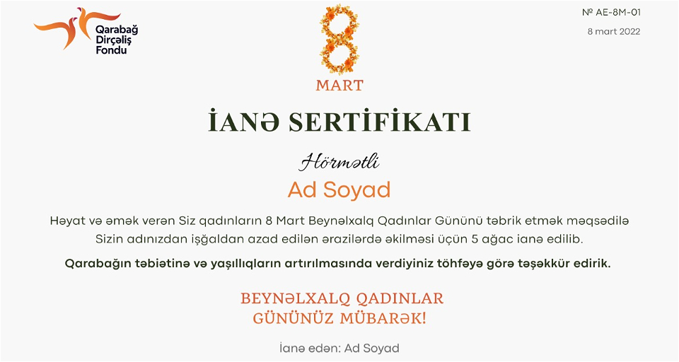 Qarabağ üçün ağac ianə edərək xanımları 8 Mart münasibəti ilə təbrik edin